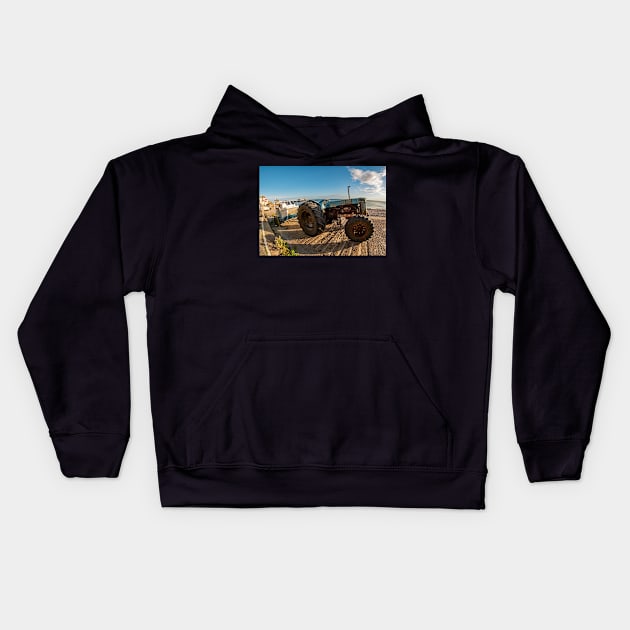 Fisheye view of a tractor, trailer and fishing boat on Cromer Beach on the North Norfolk Coast Kids Hoodie by yackers1